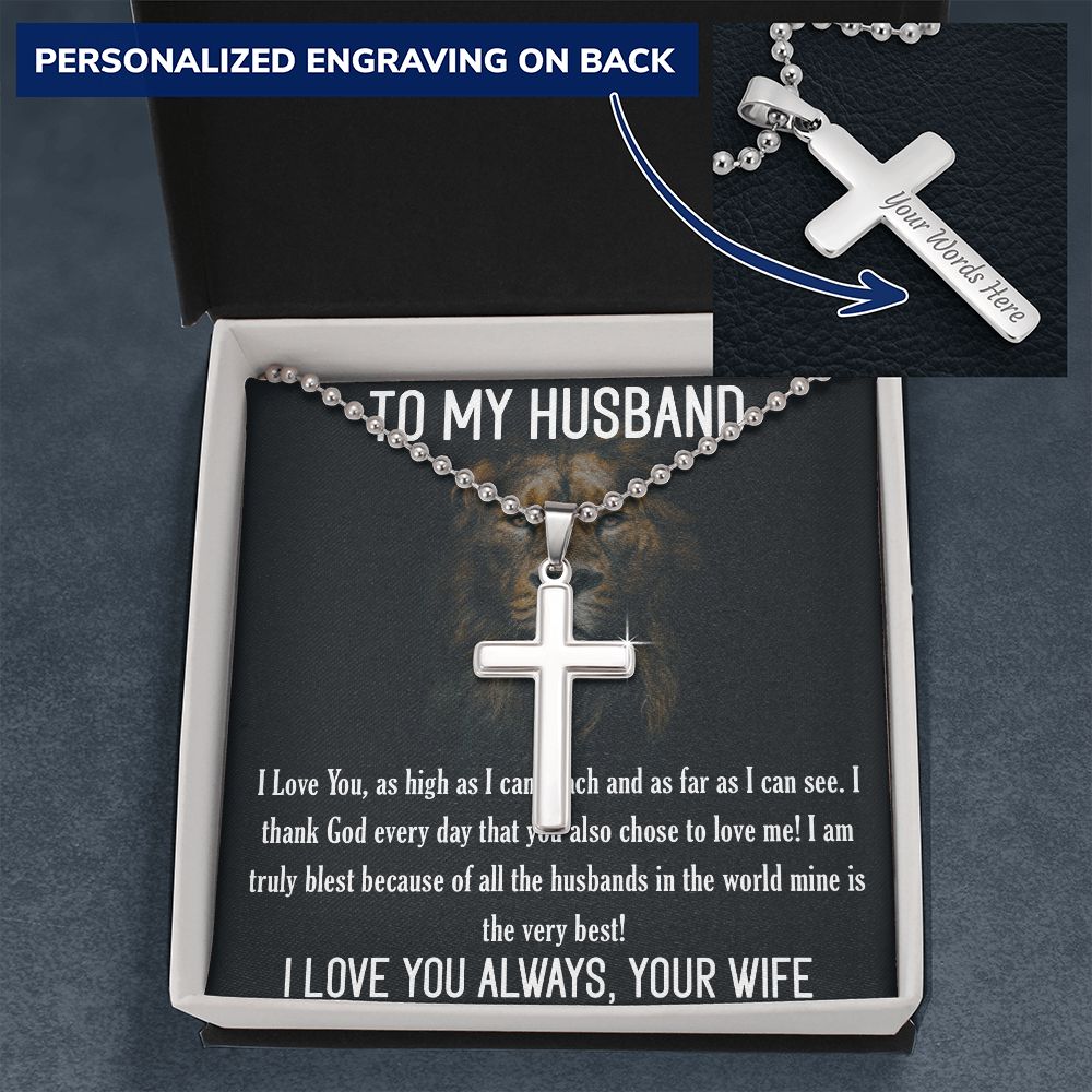Blest You're My Husband - Personalized Engraved Cross With Ball Chain